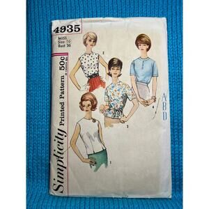 Butterick Sewing Pattern 4935 Blouse short no sleeve 1960s size 16